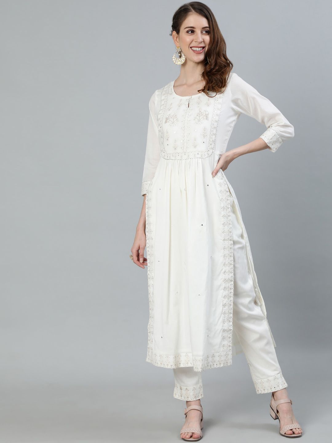 Rich White Cotton Floral Thread Work Hight Slit Kurta  with Straight Bottom