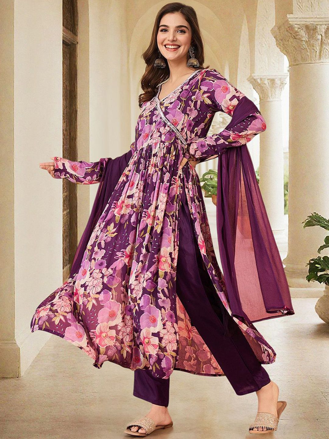 Ishin Women Purple Chinon 3Pcs Kurta Set