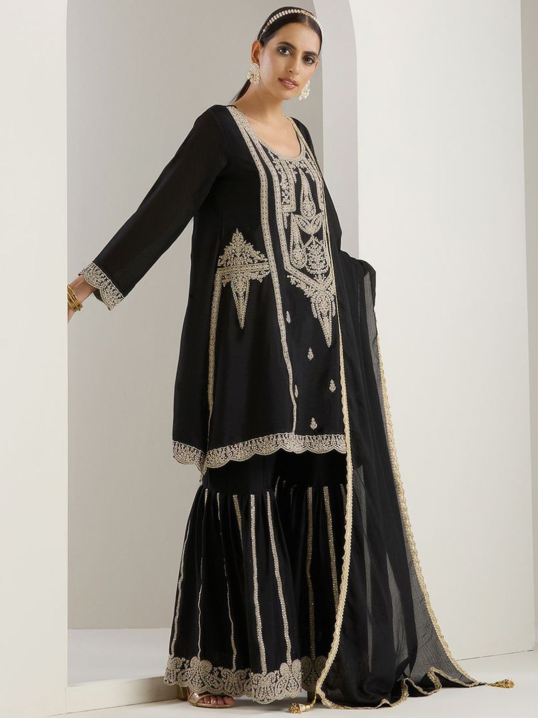 Rich Black Chinon Zari Embroidered Kurta Set with Sharara Bottom and Silk Blend Tassel Dupatta