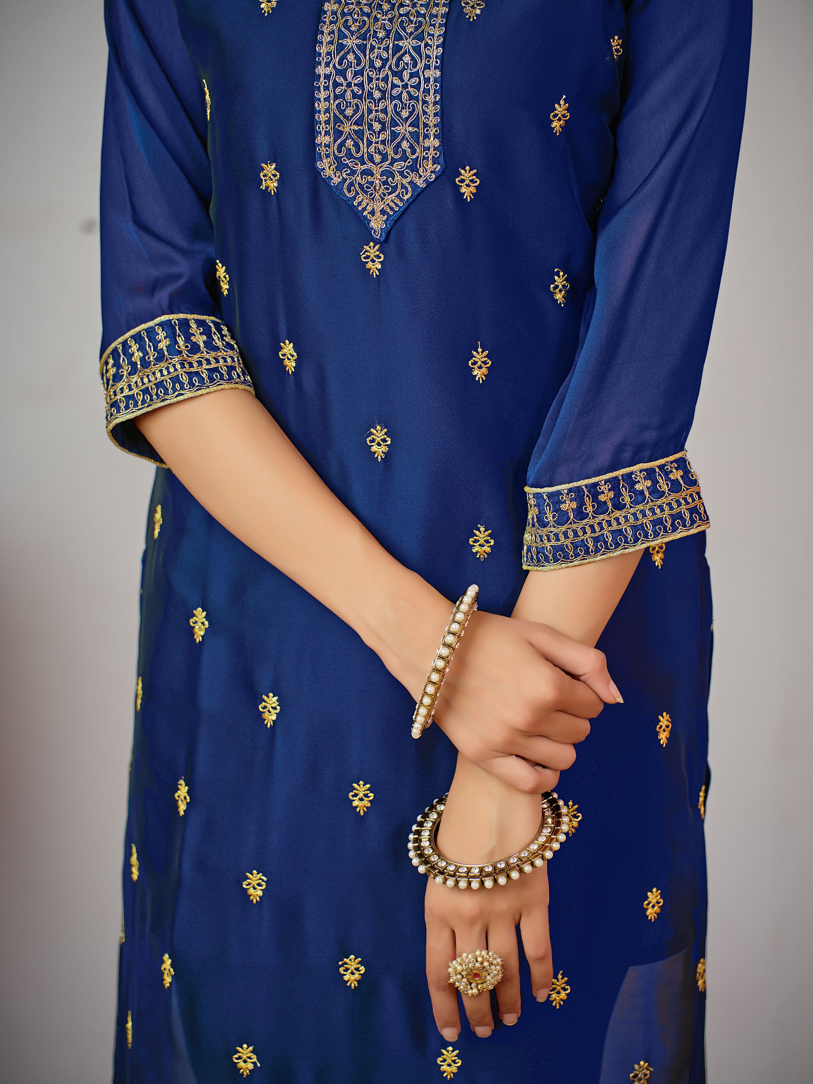 Yoke Ethnic Embroidered Straight Kurta with Trousers & Dupatta