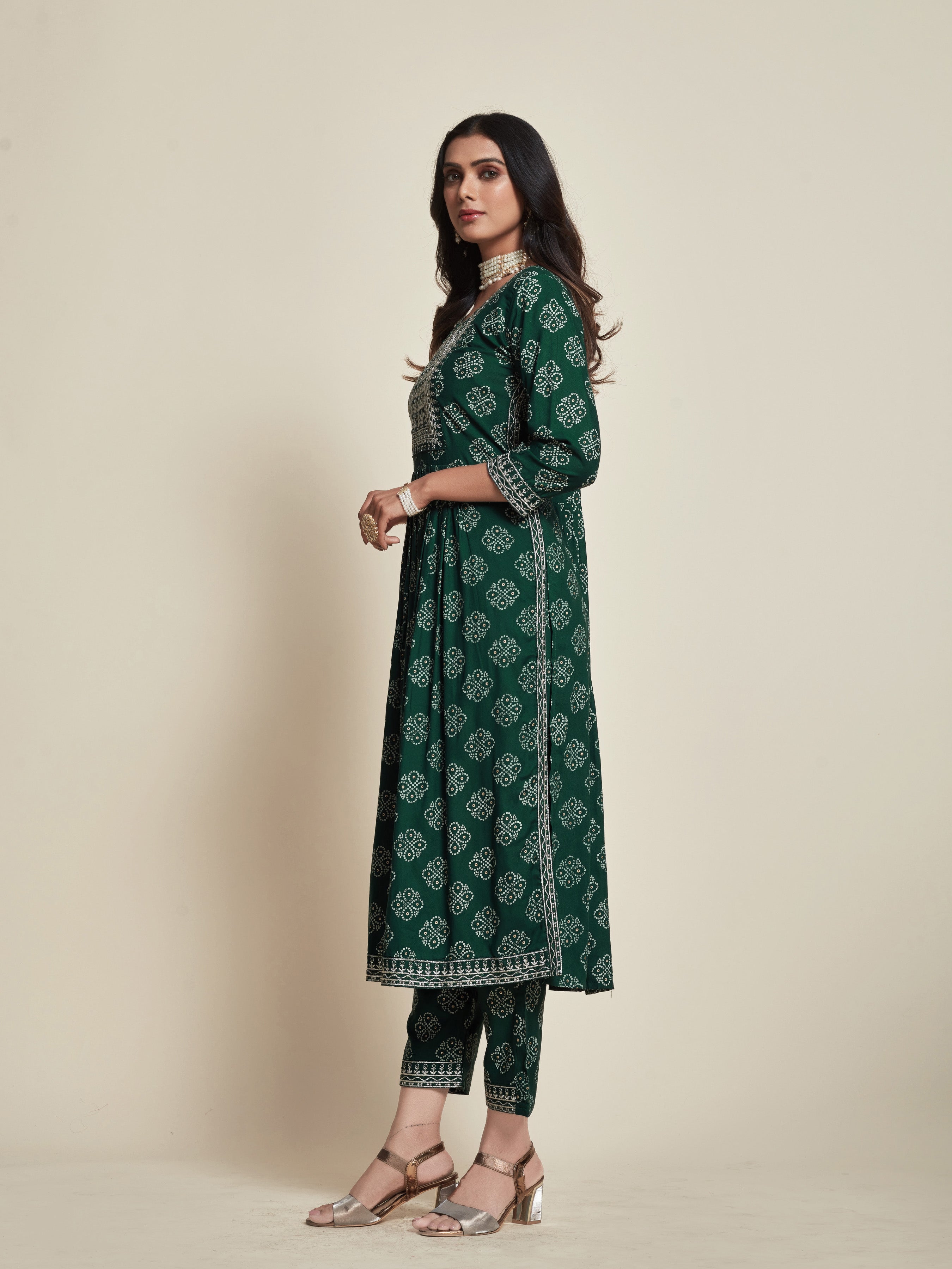 Bandhani Printed Empire Thread Work Kurta with Trousers & Dupatta