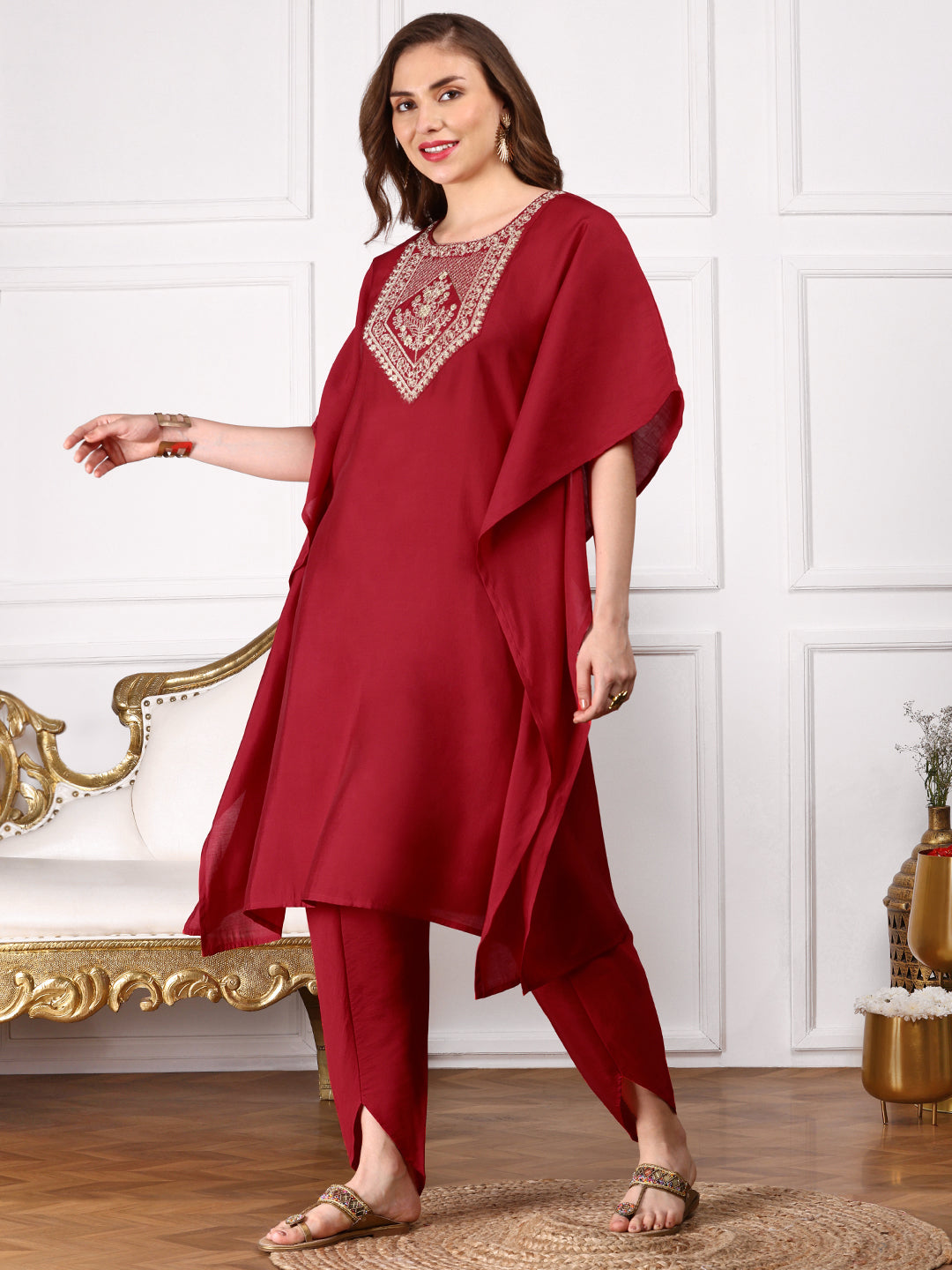 Red Floral Yoke Design Thread Work Kimono Sleeve Kaftan Kurta with Dhoti Pants