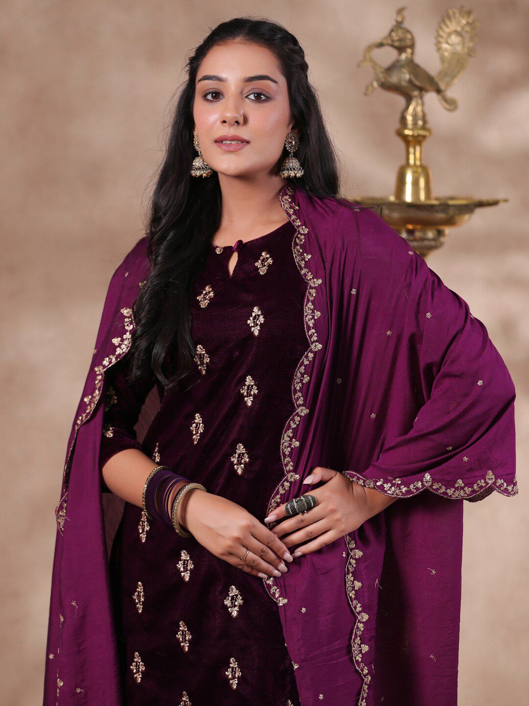 Purple Velvet Zari Embroidered Kurta with Straight Bottom and Sheer Scalloped Lace Dupatta