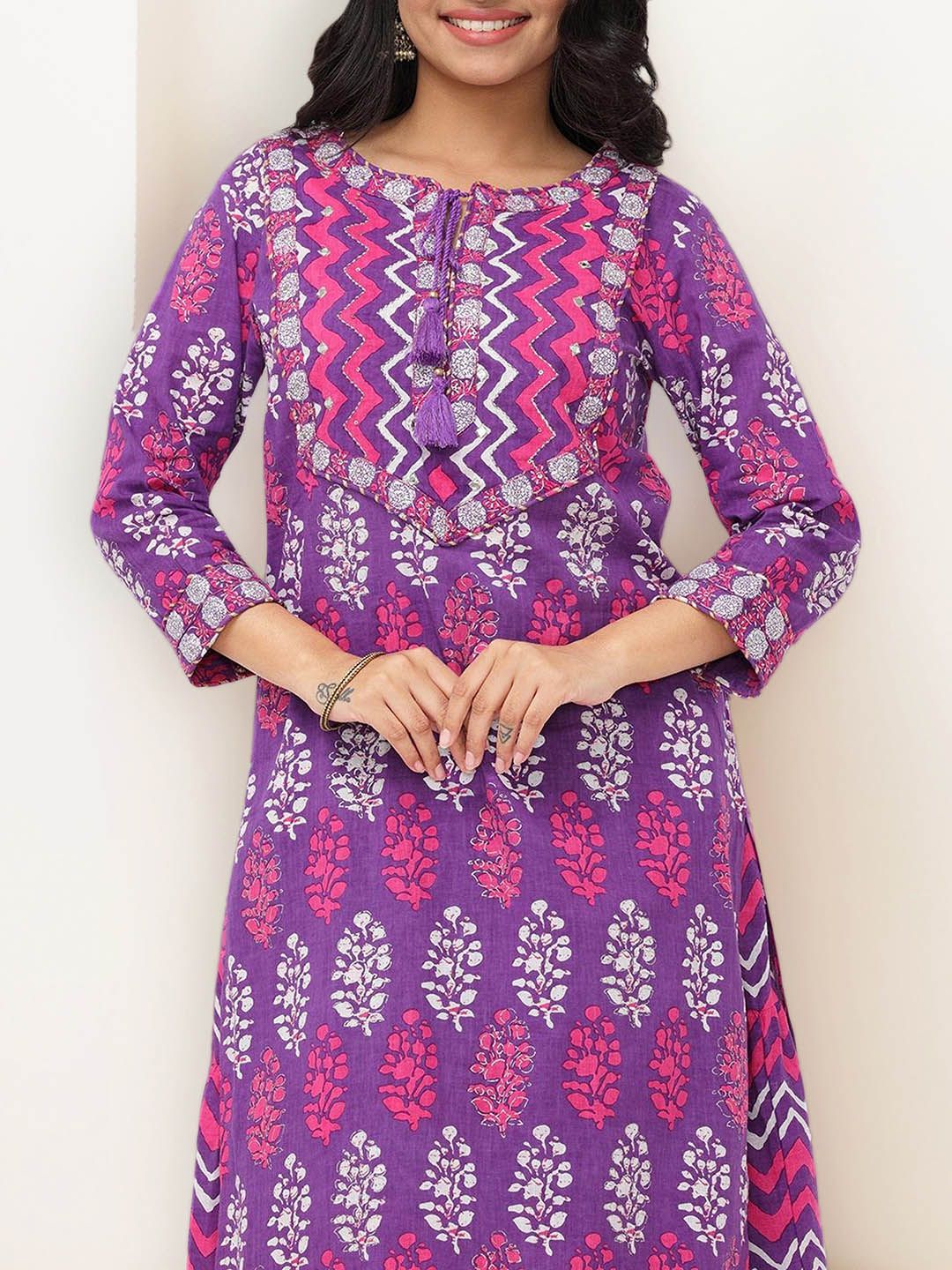 Soft Pure Cotton Lavender and off white Polka Dot Printed A-Line Kurta Set with Straight Bottom and Cotton Dupatta