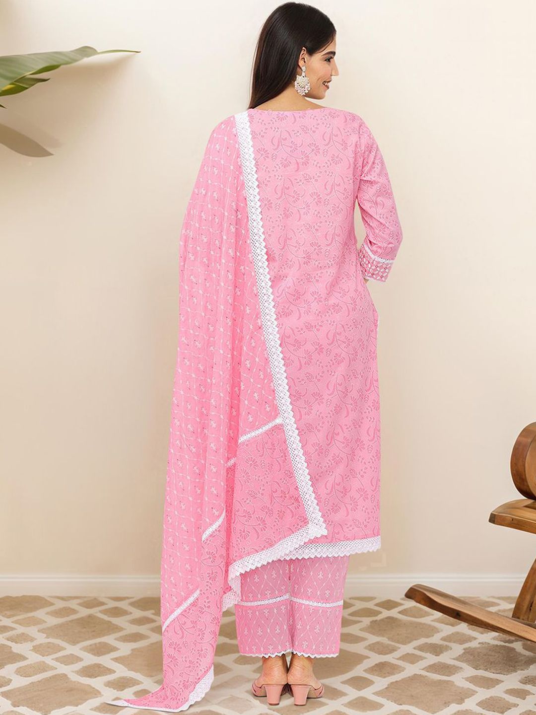 Comfy Pink Pure Cotton Yoke Embroidered Kurta Set with Printed Dupatta and Lace Detailing