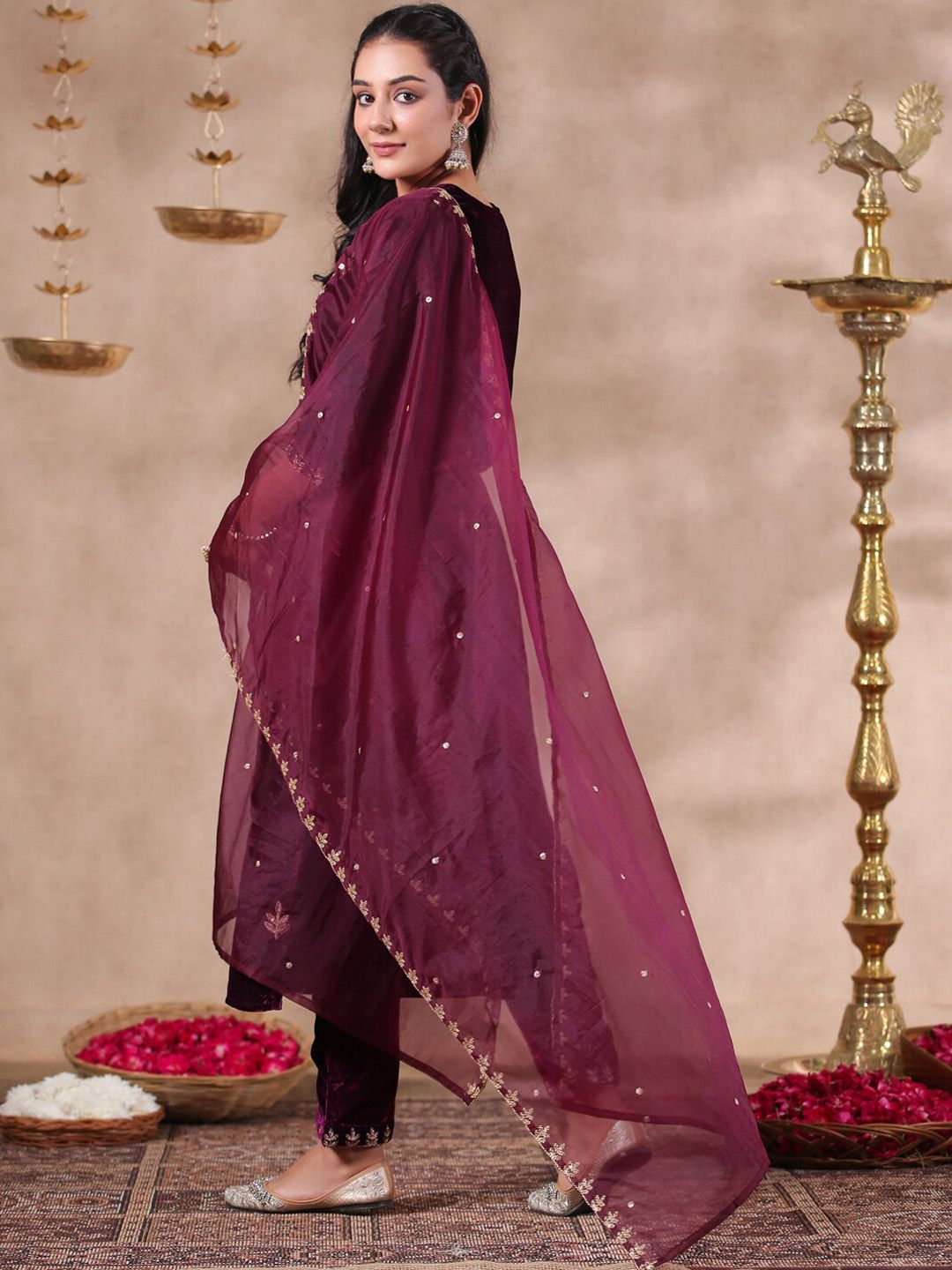 Rich Purple Velvet Zari Embroidered Kurta Set with Sheer Voile Butta Dupatta