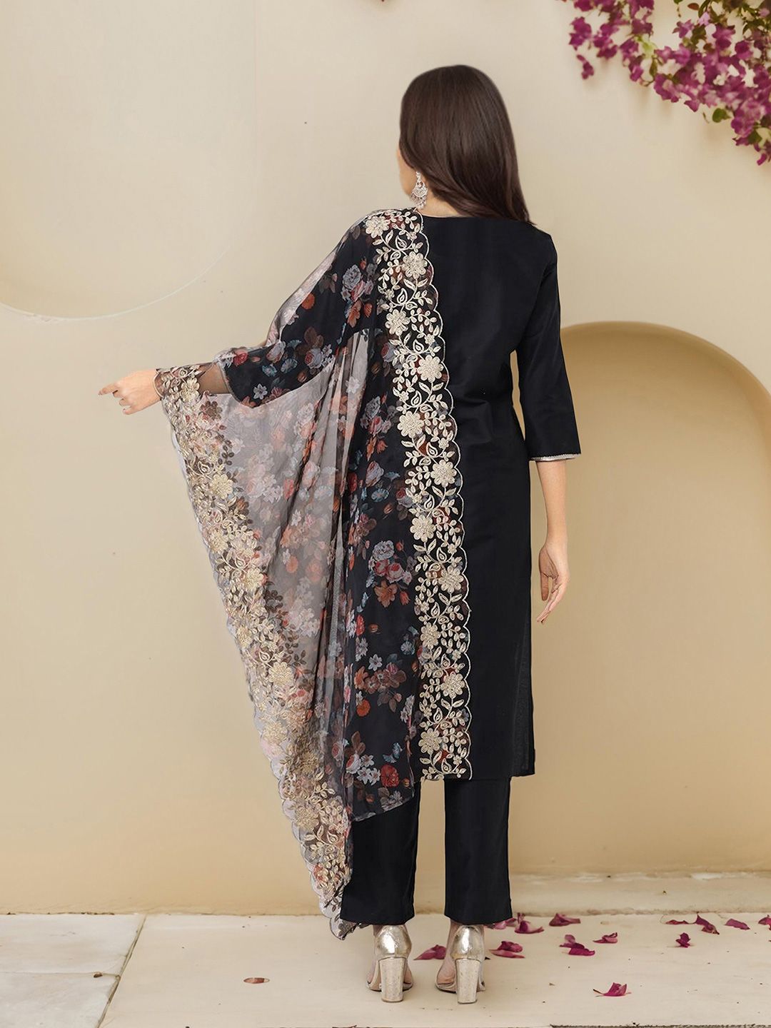 Rich Black Rayon Solid Kurta Set with Straight Bottom and Zari Embroidered Floral Organza Dupatta