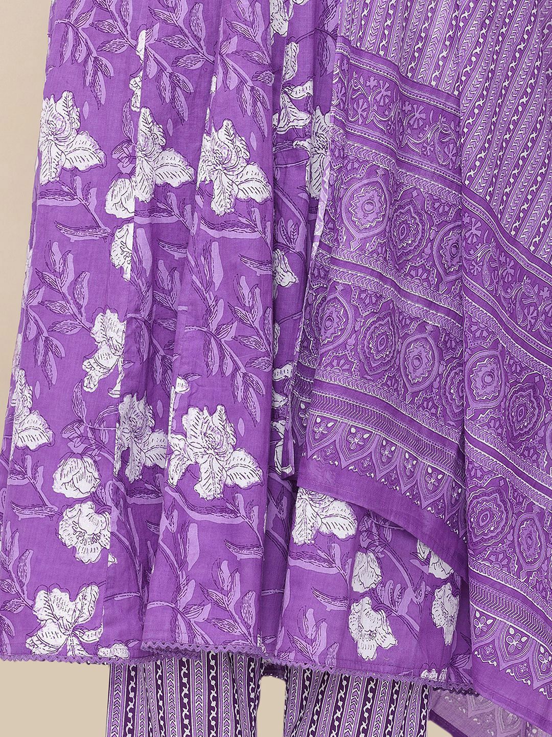 Soft Cotton Lavender Printed A-Line Kurta Set with Straight Bottom and Flowy Printed Cotton Dupatta