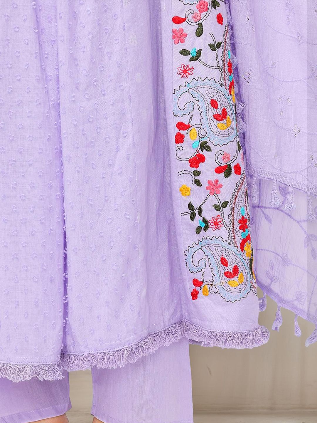 Soft Cotton Lavender Printed A-Line Kurta Set with Straight Bottom and Flowy Printed Cotton Dupatta