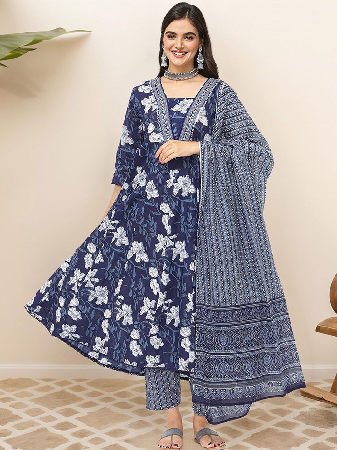 Soft Cotton Navy Blue Printed A-Line Kurta Set with Straight Bottom and Flowy Printed Cotton Dupatta