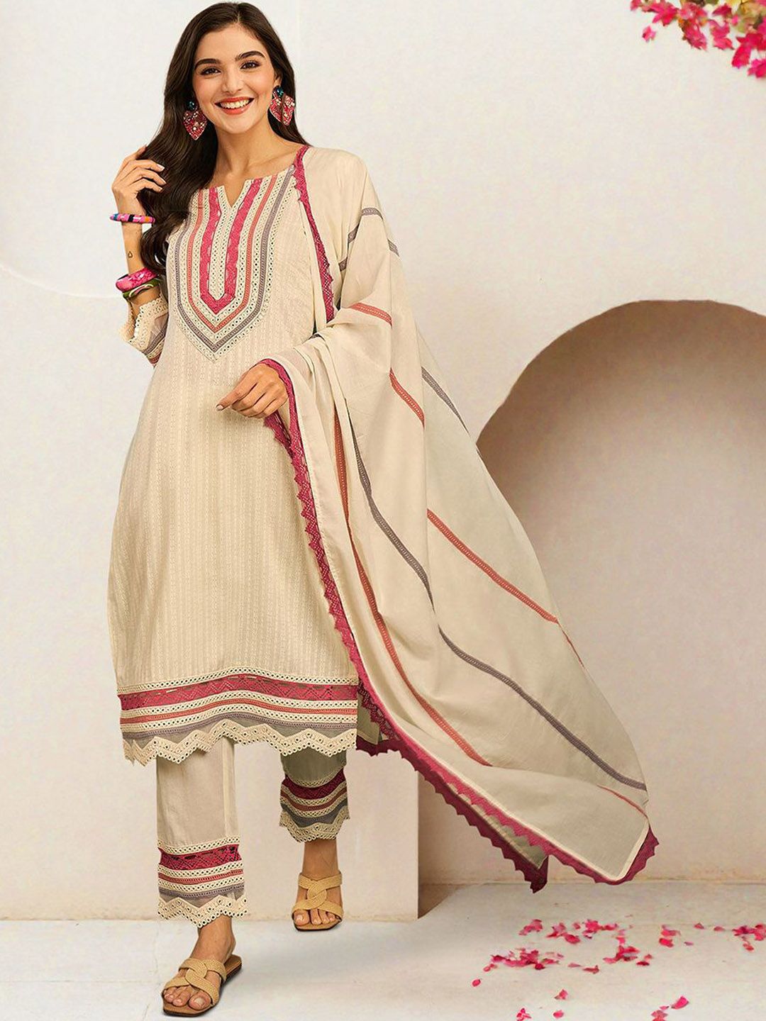 Rich Off-White Cotton Embroidered A-Line Kurta Set With Straight Bottom & Laced Cotton Dupatta