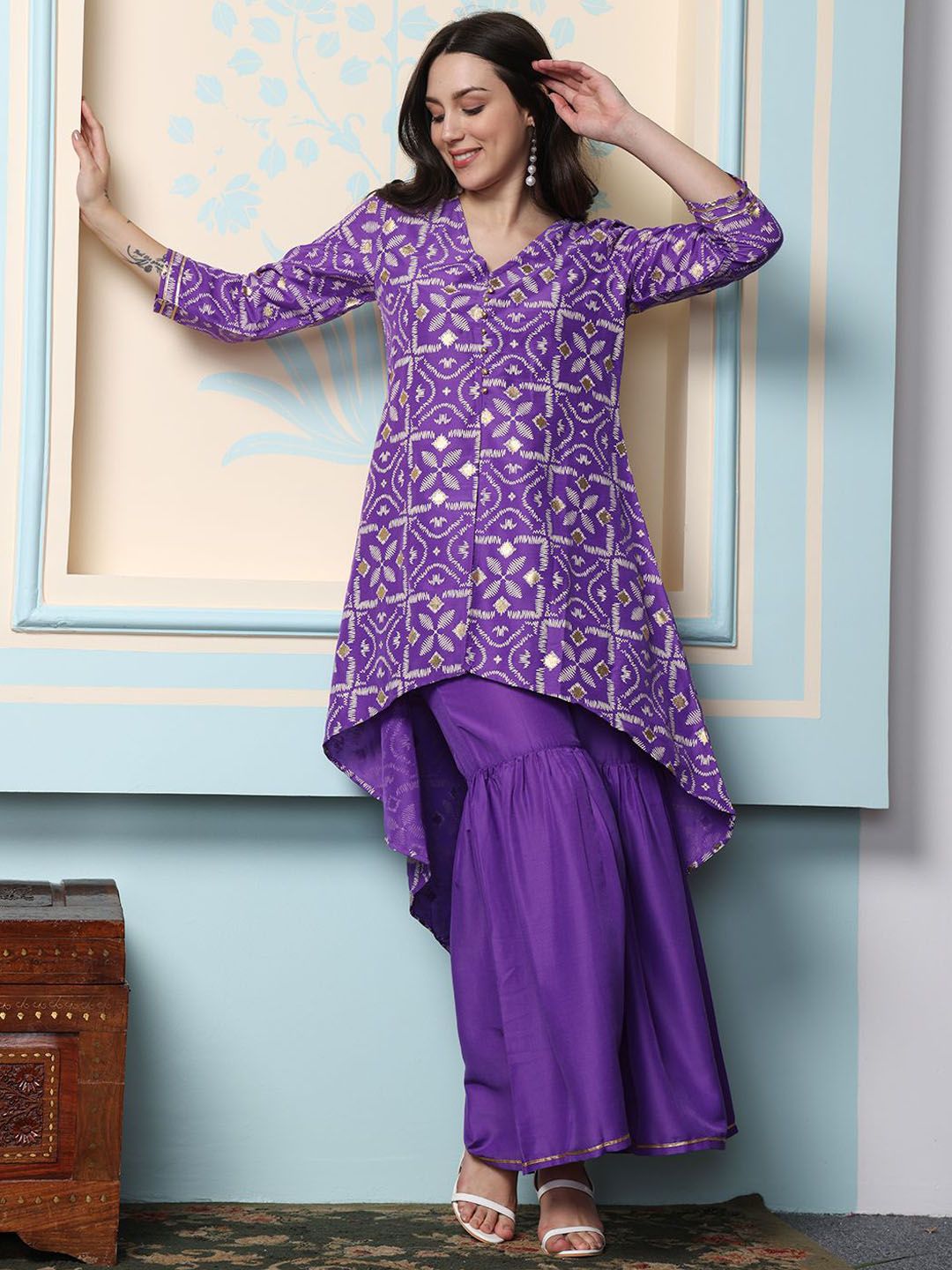 Rich Purple Cotton Geometric Printed A-Line Kurta Set with Sharara Bottom