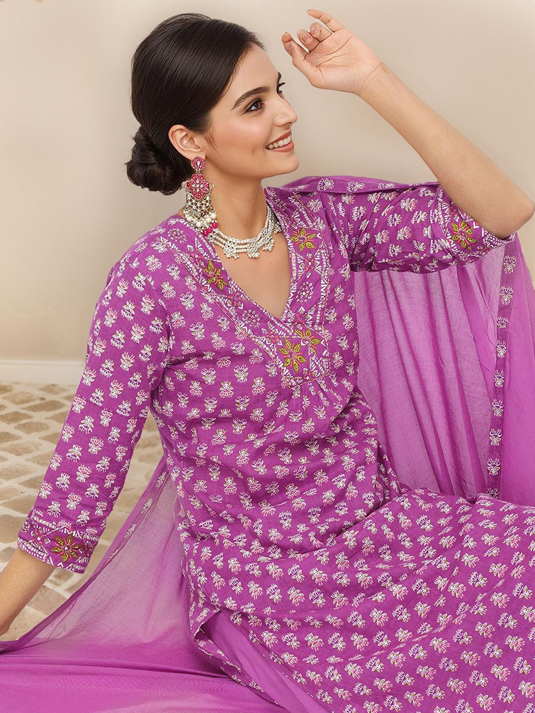 Soft Cotton Lavender Printed A-Line Kurta Set with Straight Bottom and Flowy Printed Cotton Dupatta