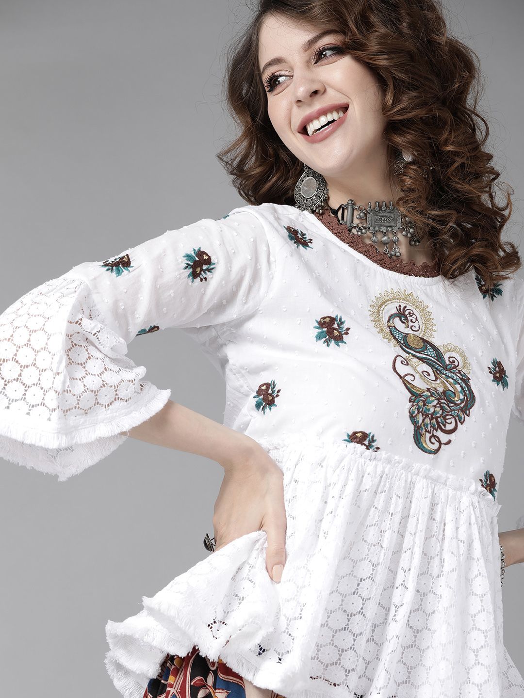 Soft Embroidered Peplum Top with Lace and Bell Sleeves