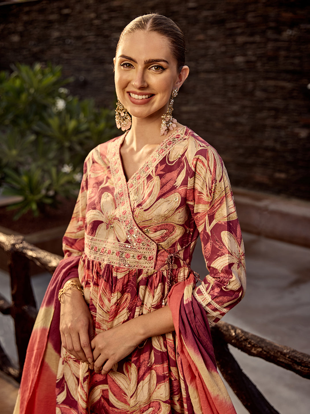 Floral Printed Cotton Angrakha A-line Kurta with Sharara and Mulmul Dupatta