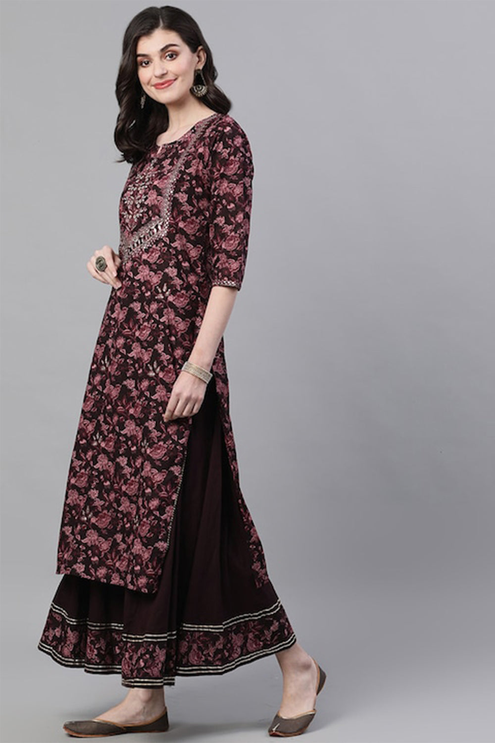 Ishin Women Burgundy Ethnic Cotton Kurti Set