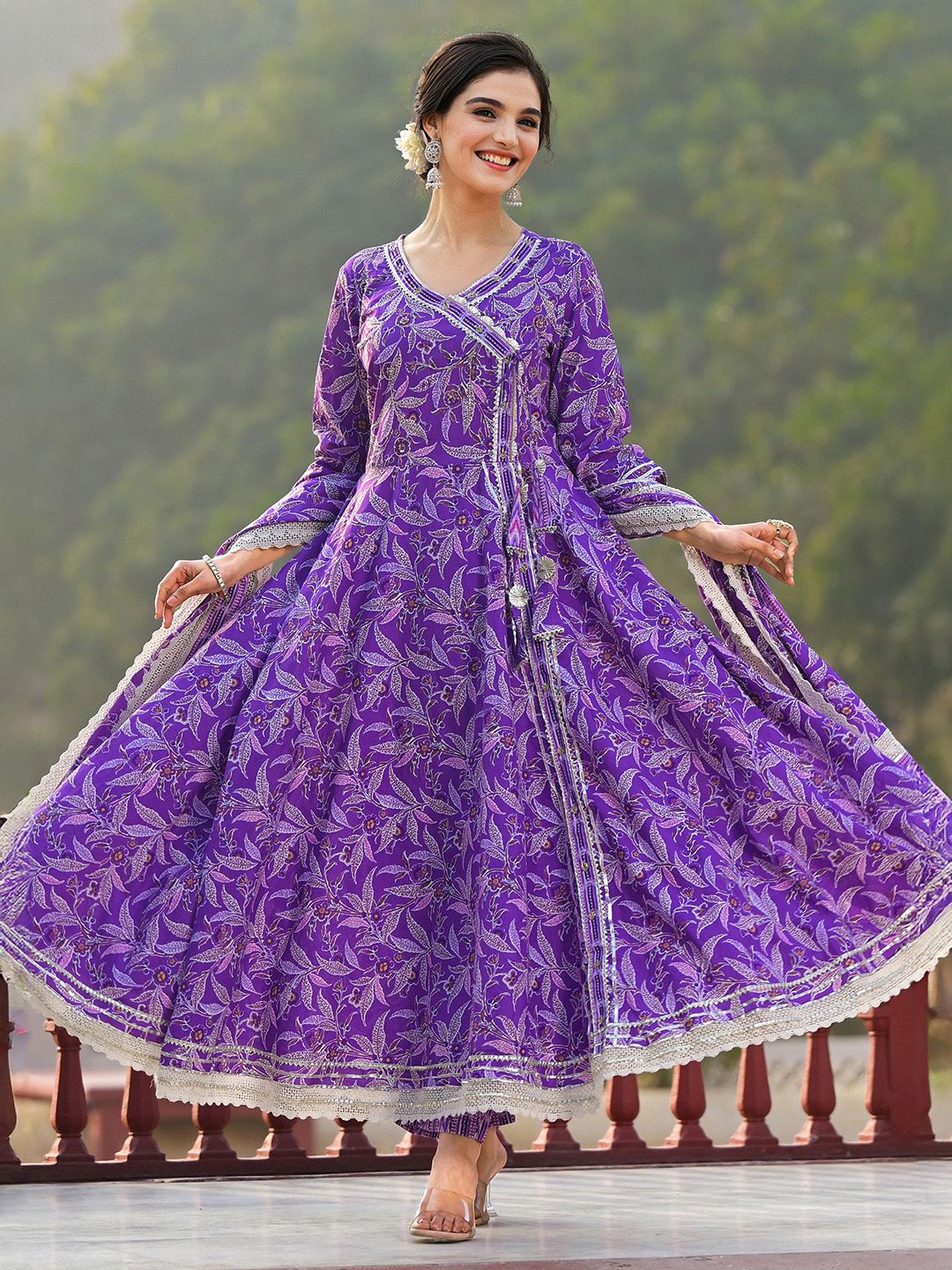 Graceful Cotton Purple Floral Printed  Angrakha Kurta with Straight Bottom and Cotton Printed Dupatta