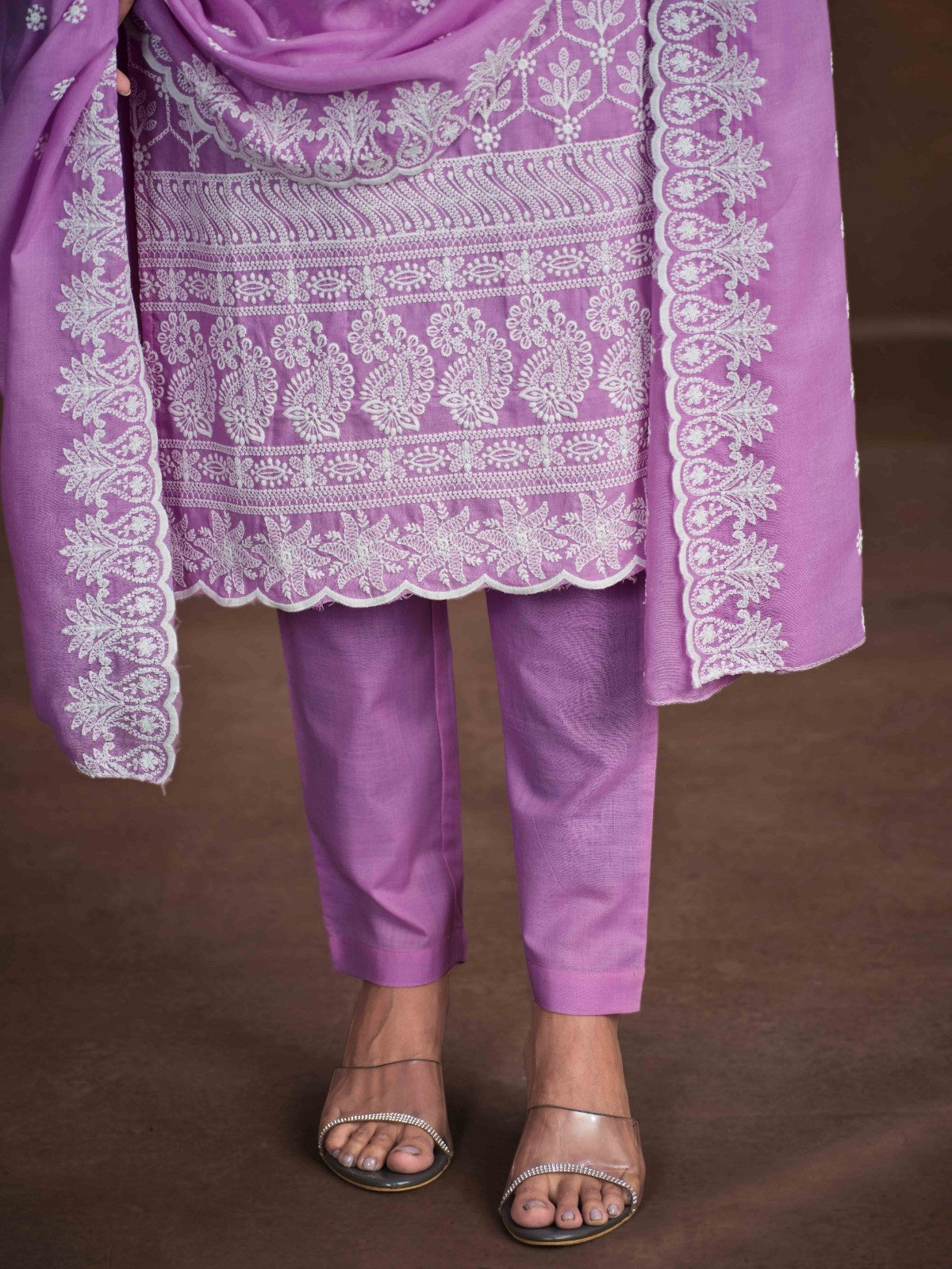 Embroidered Straight Chikankari Pure Cotton Kurta with Trousers & Dupatta