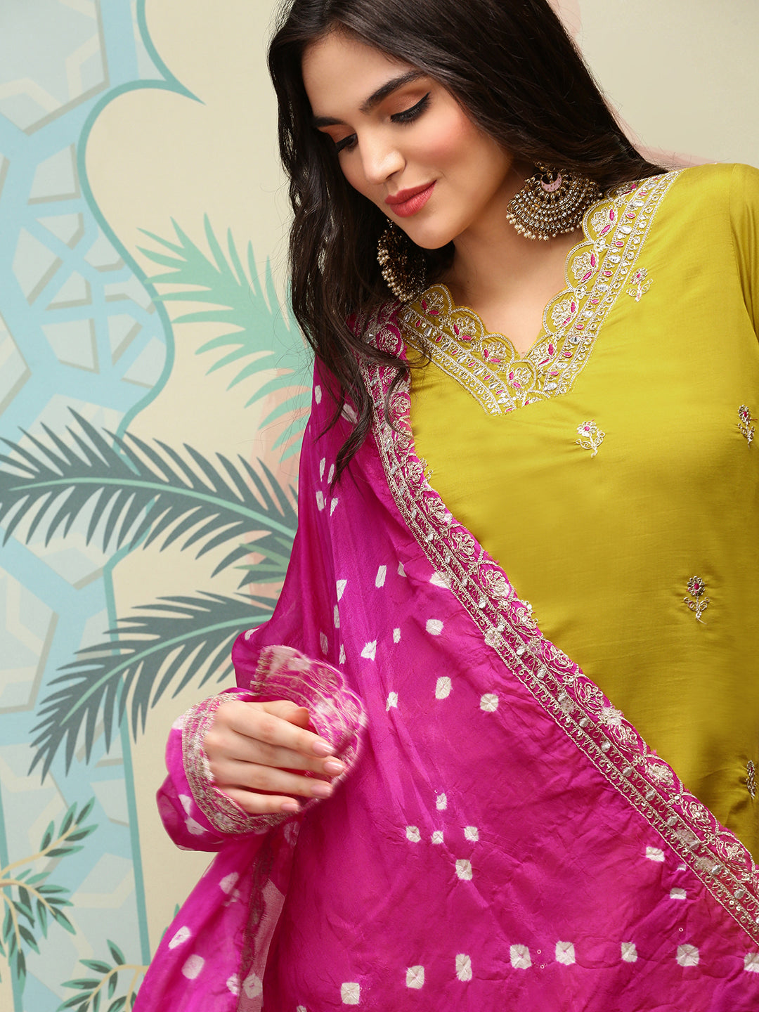 Yellow Floral Embroidered Thread Work Straight Kurta With Trousers & With Dupatta