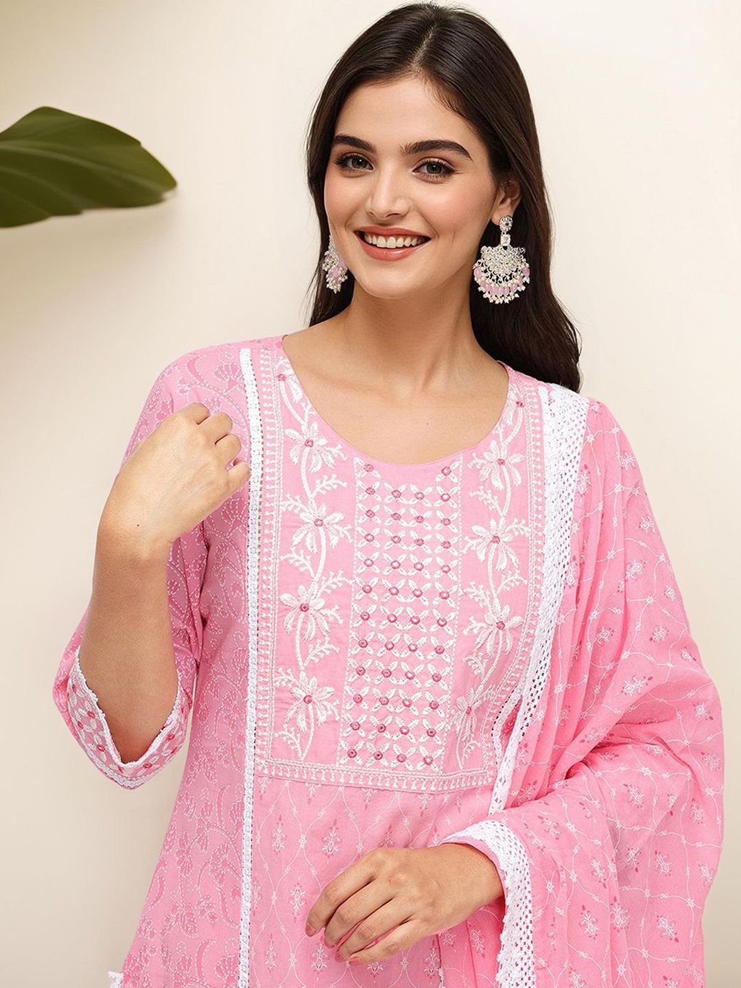 Comfy Pink Pure Cotton Yoke Embroidered Kurta Set with Printed Dupatta and Lace Detailing