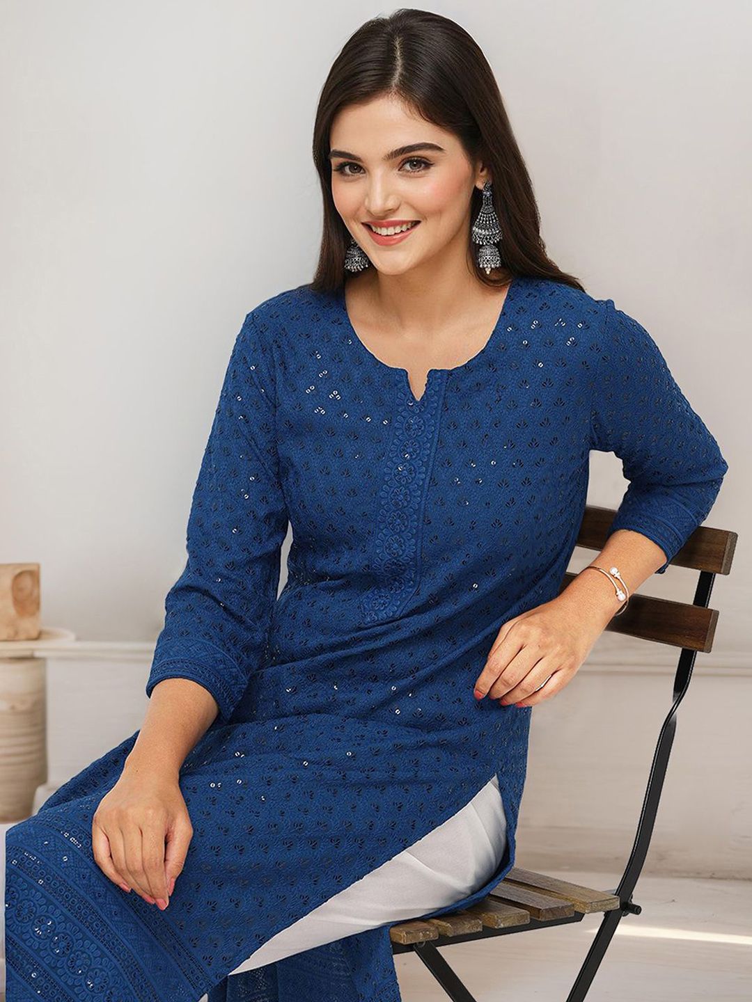 Rich Teal Blue Viscose Rayon Sequined Embroidered Kurta Set with Straight Bottom