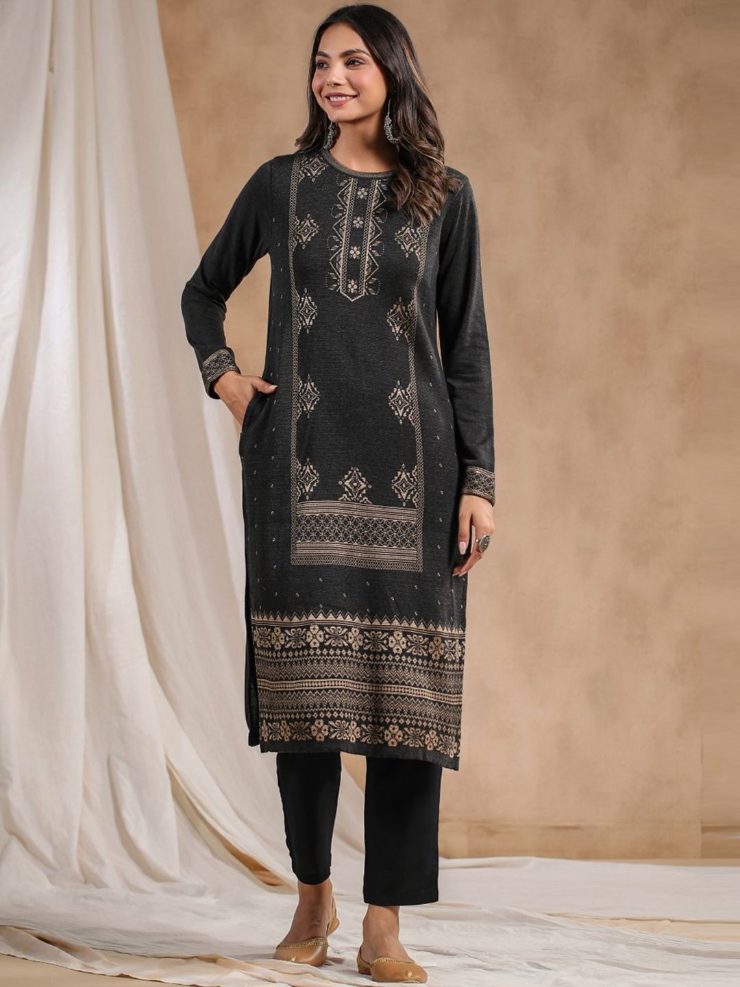 Warm Charcoal Acrylic Ethnic Motif Printed Kurta Set with Jacquard Knitted Design and Straight Bottom