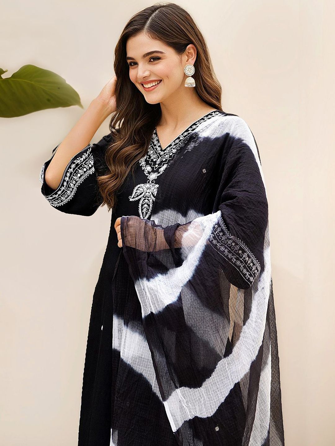 Delicate Black  Zari Embroidered A-Line Kurta Set with Straight Bottom & Sheer Chiffon Leheriya Dyed Dupatta