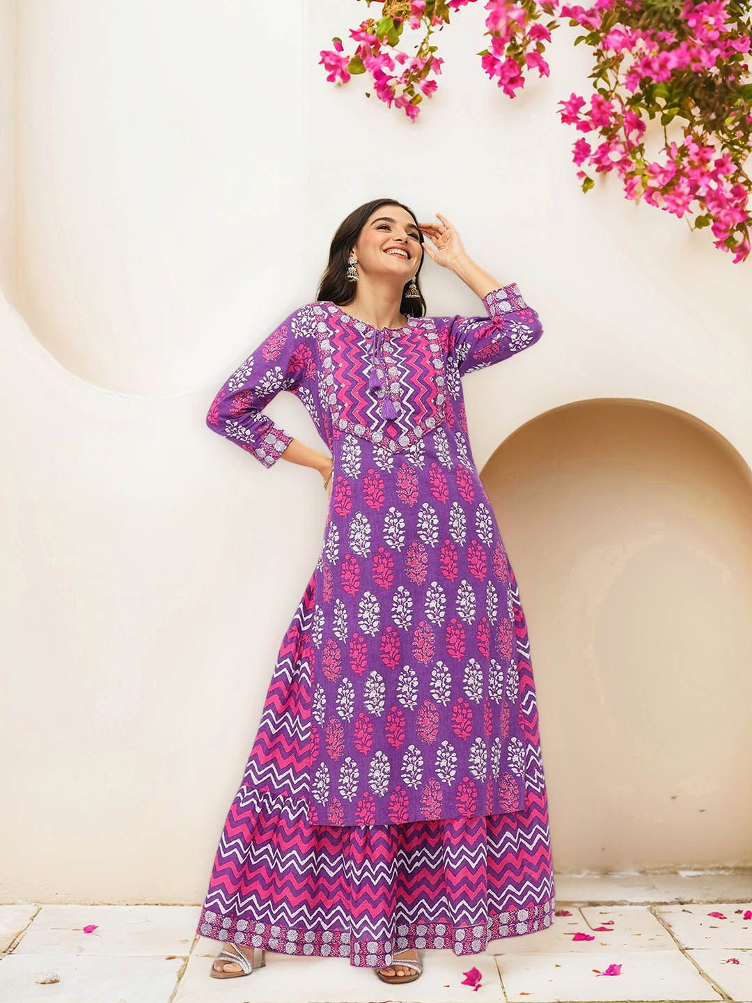 Soft Pure Cotton Lavender and off white Polka Dot Printed A-Line Kurta Set with Straight Bottom and Cotton Dupatta