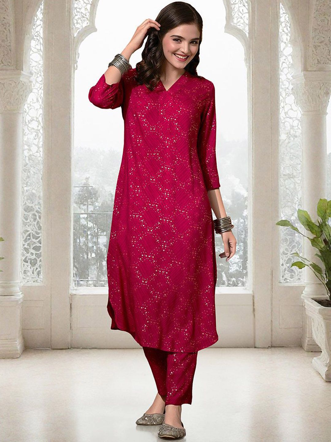 Rich Pink Rayon Sequinned Straight Fit Kurta Set With Straight Bottom