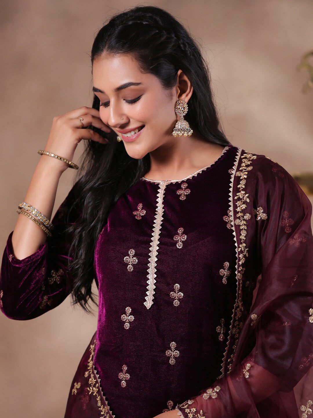 Rich Purple Velvet Zari Embroidered Kurta Set with Sheer Voile Butta Dupatta