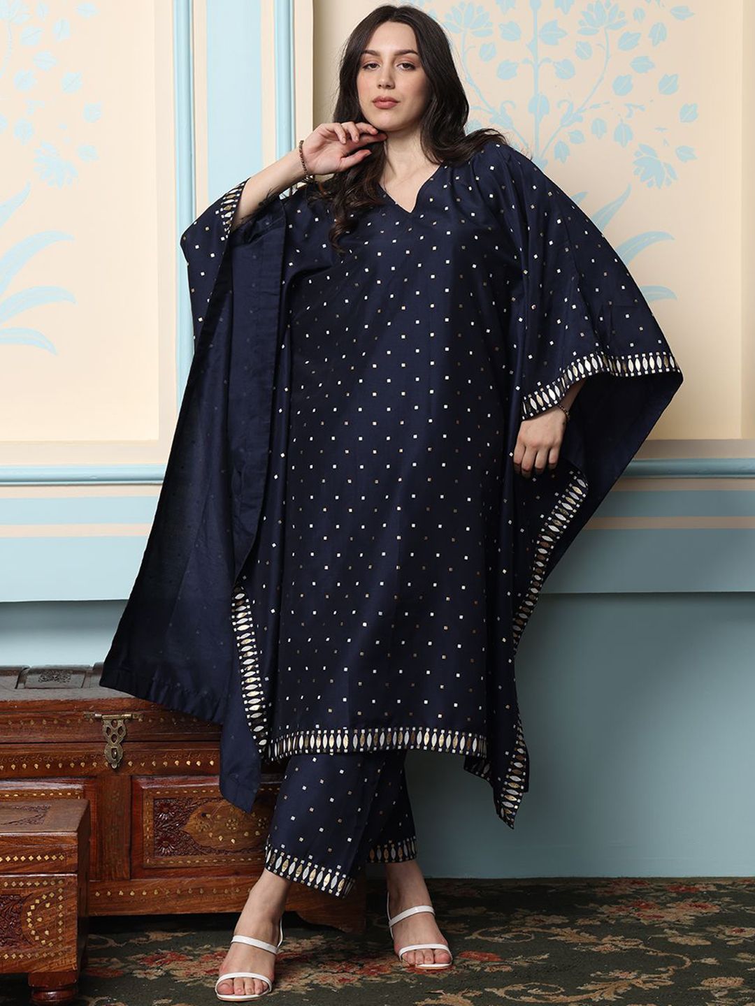 Rich Navy Blue Polyester Polka Dot Printed Kaftan Kurta Set with Straight Bottom