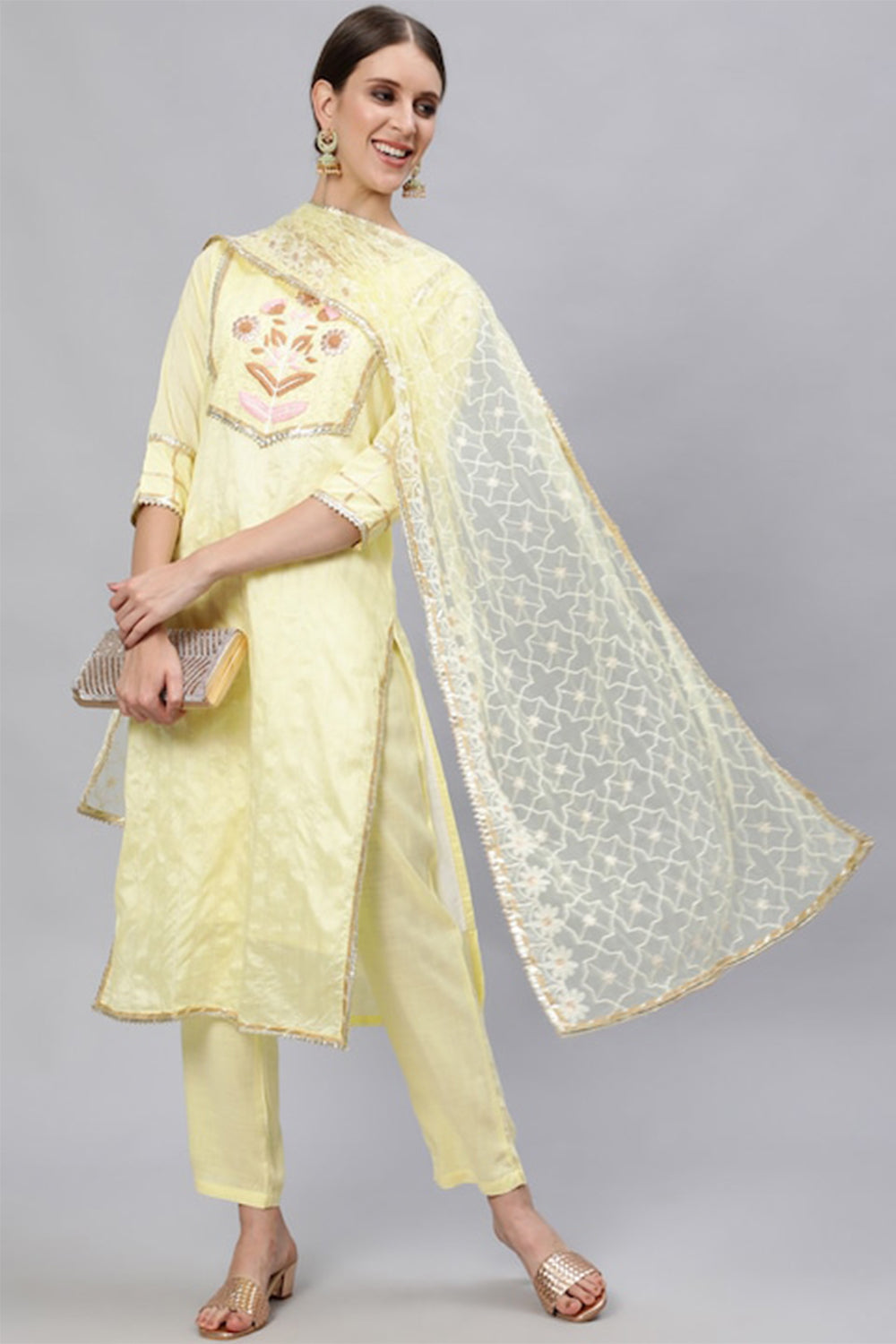 Women Yellow Embroidered Beads and Stones Kurta Set