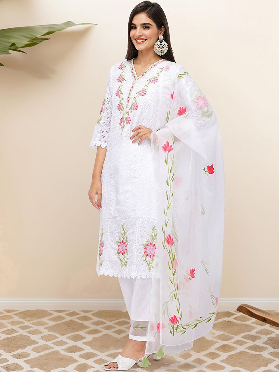 Comfy Off-White Pure Cotton Floral Embroidered Kurta Set with Hand-Painted Organza Dupatta