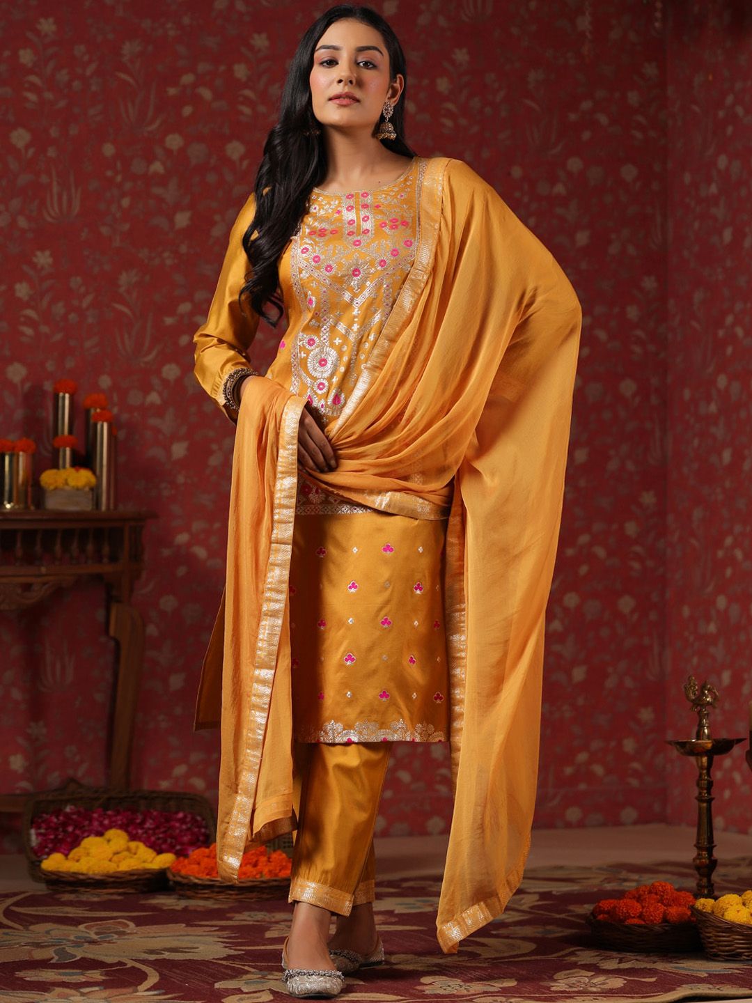 Rich Mustard Poly Silk Foil Printed Kurta Set with Straight Bottom and Sheer Voile Dupatta