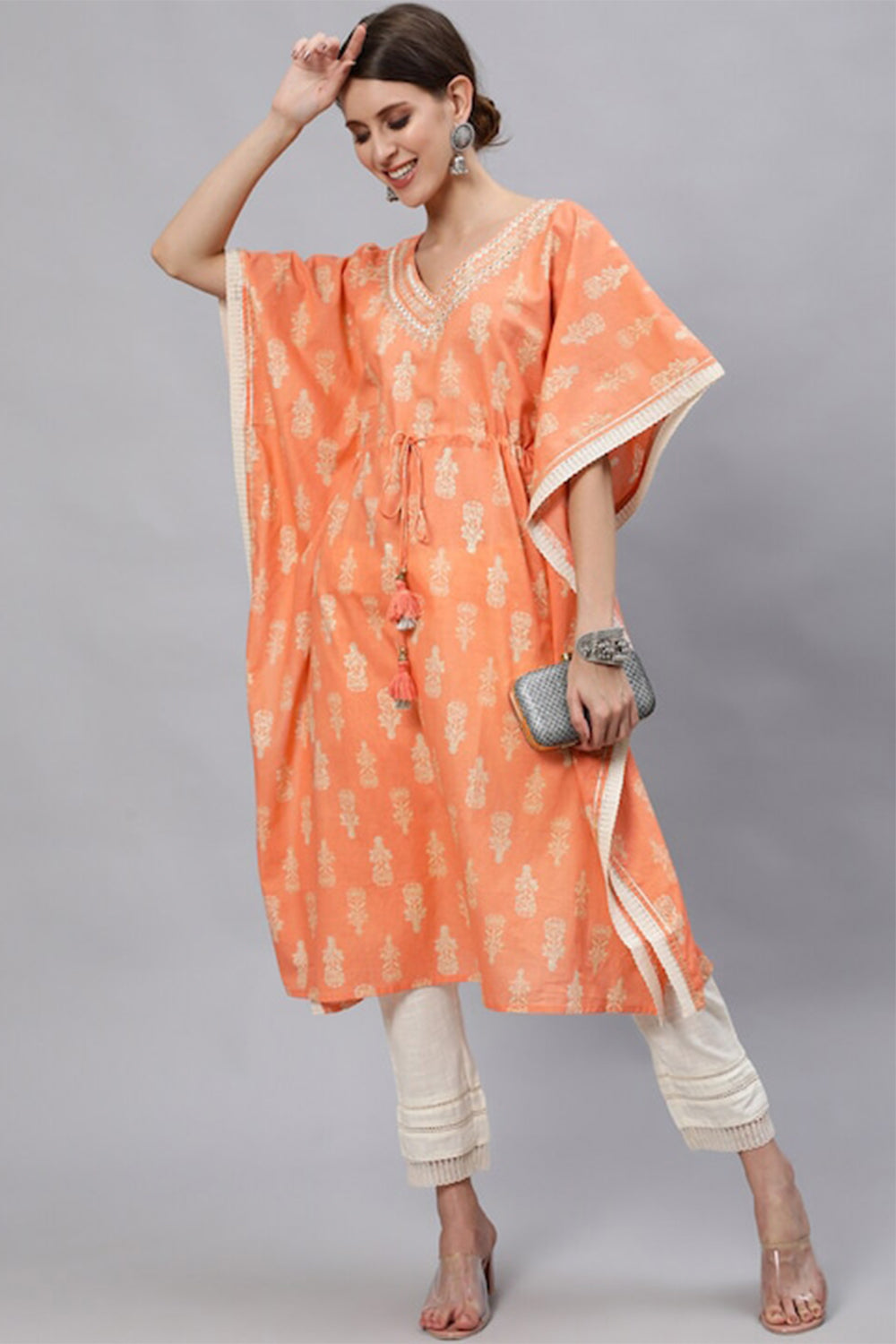 Ishin Women's Cotton Orange & White Kurta Set