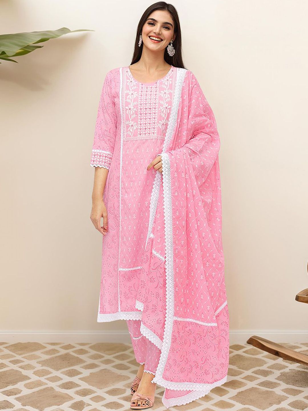 Comfy Pink Pure Cotton Yoke Embroidered Kurta Set with Printed Dupatta and Lace Detailing