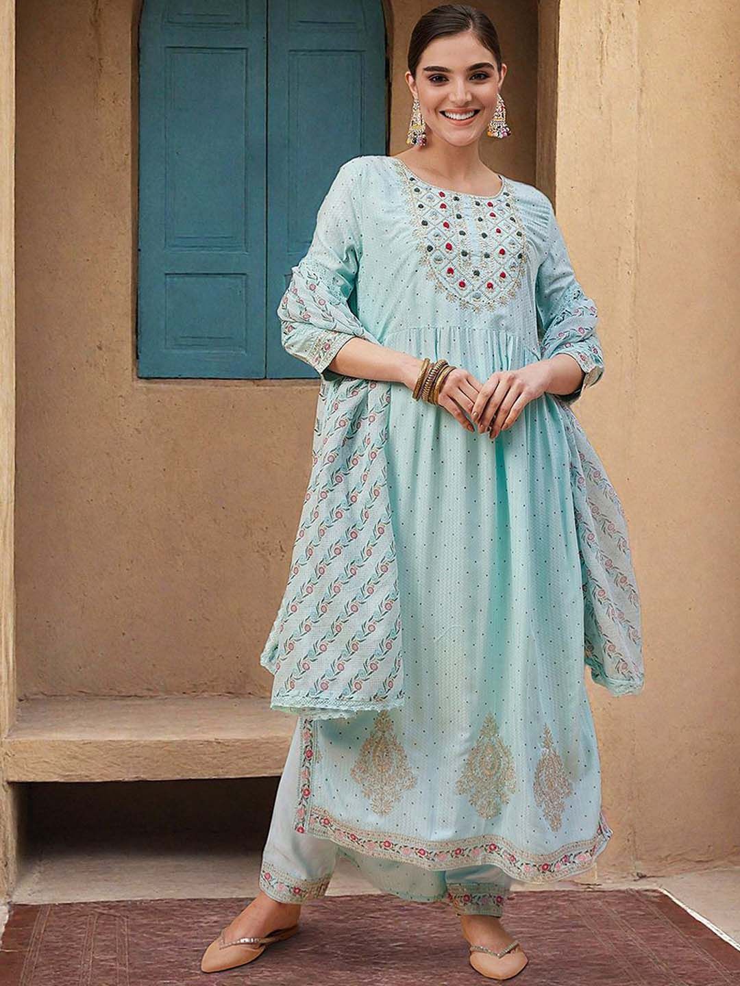 Rich Blue Rayon Dobby Embroidered Straight Fit Kurta Set With Straight Bottom & Printed Dupatta