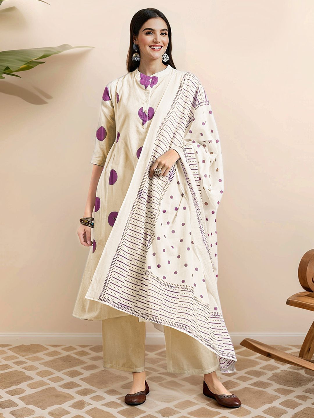 Soft Pure Cotton Lavender and off white Polka Dot Printed A-Line Kurta Set with Straight Bottom and Cotton Dupatta