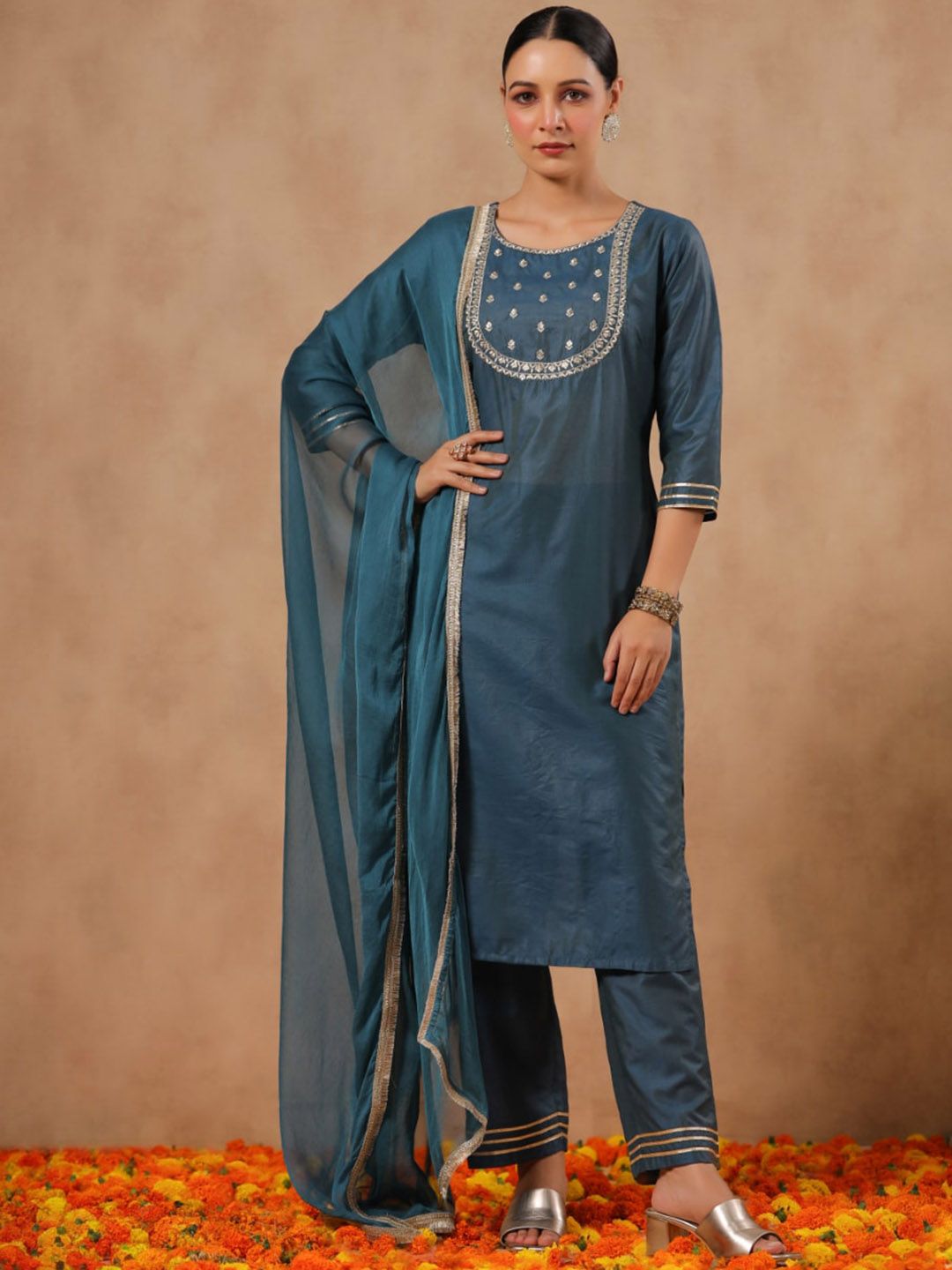 Rich Teal Rayon Zari Embroidered Kurta Set with Straight Bottom and Sheer Lace-Trimmed Voile Dupatta