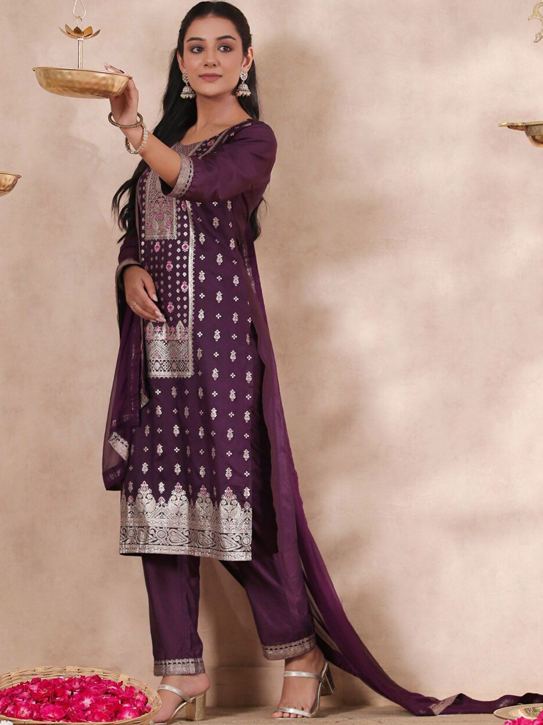 Rich Purple Poly Silk Woven Ethnic Motif Kurta Set with Straight Bottom and Sheer Voile Dupatta