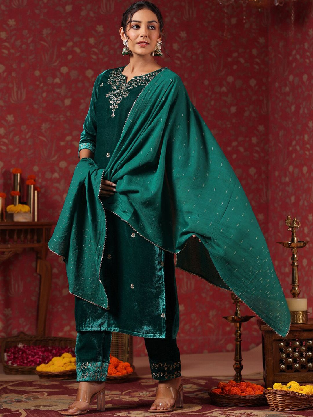 Green Velvet Zari Embroidered Kurta Set with Sheer Voile Butta Dupatta