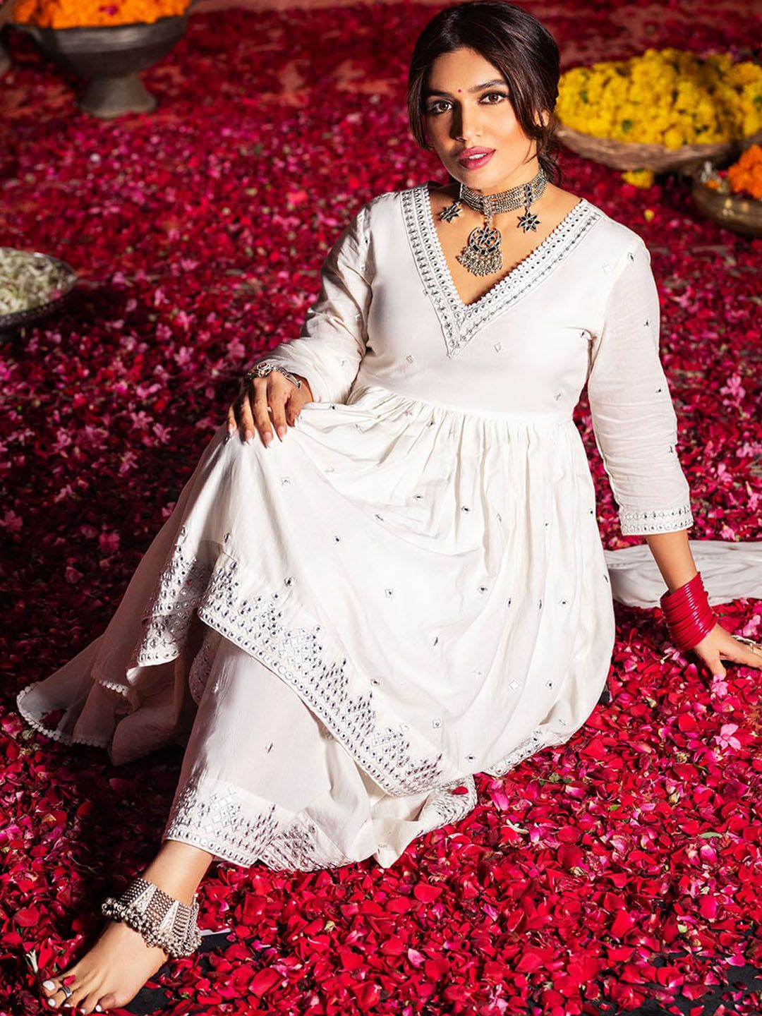 Rich White Cotton Mirror Embroidered A-Line Kurta Set with Sharara Bottom and Pure Cotton Dupatta