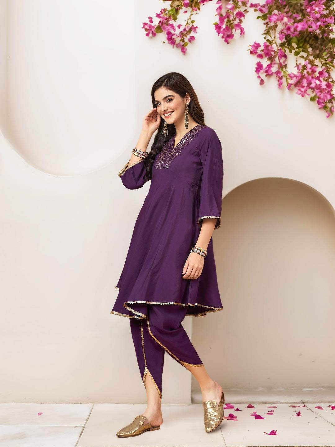 Soft Pure Cotton Lilac Solid A-Line short Kurta with Dhoti Pants