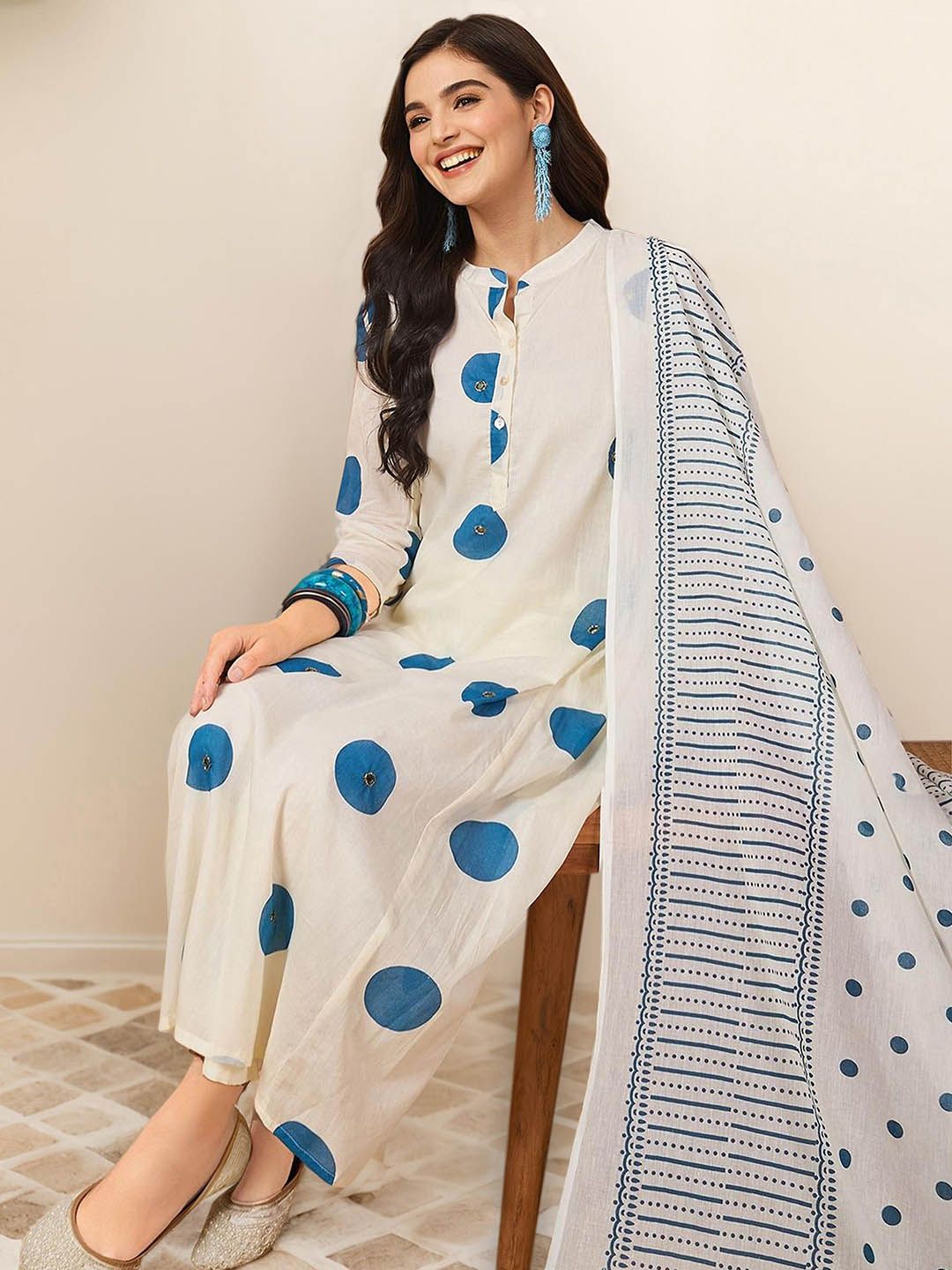 Soft Pure Cotton Blue and off white Polka Dot Printed A-Line Kurta Set with Straight Bottom and Cotton Dupatta