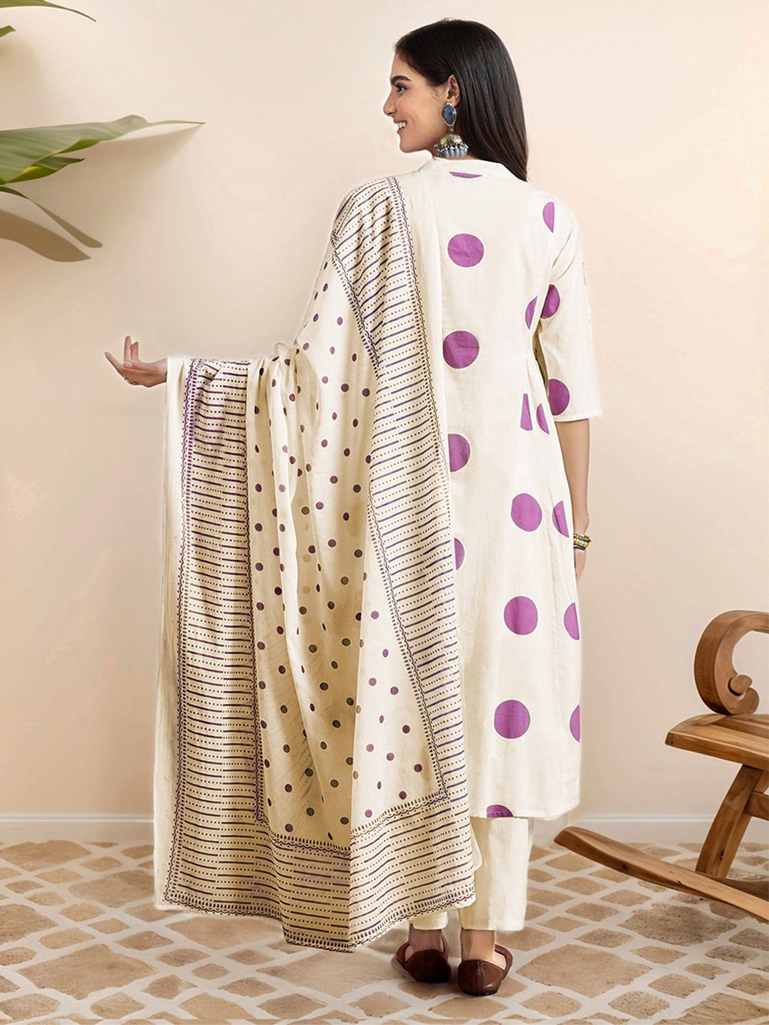 Soft Pure Cotton Lavender and off white Polka Dot Printed A-Line Kurta Set with Straight Bottom and Cotton Dupatta