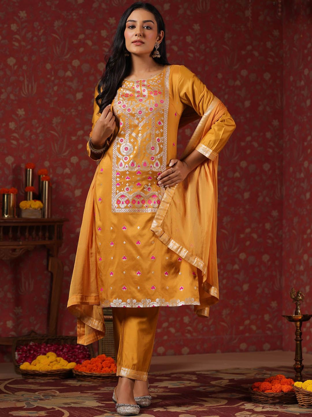 Rich Mustard Poly Silk Foil Printed Kurta Set with Straight Bottom and Sheer Voile Dupatta