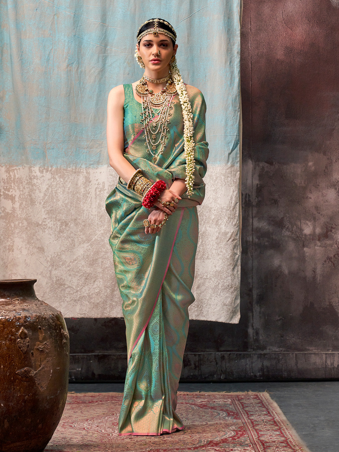 Karagiri Green Kanjivaram Silk Saree With Blouse Piece