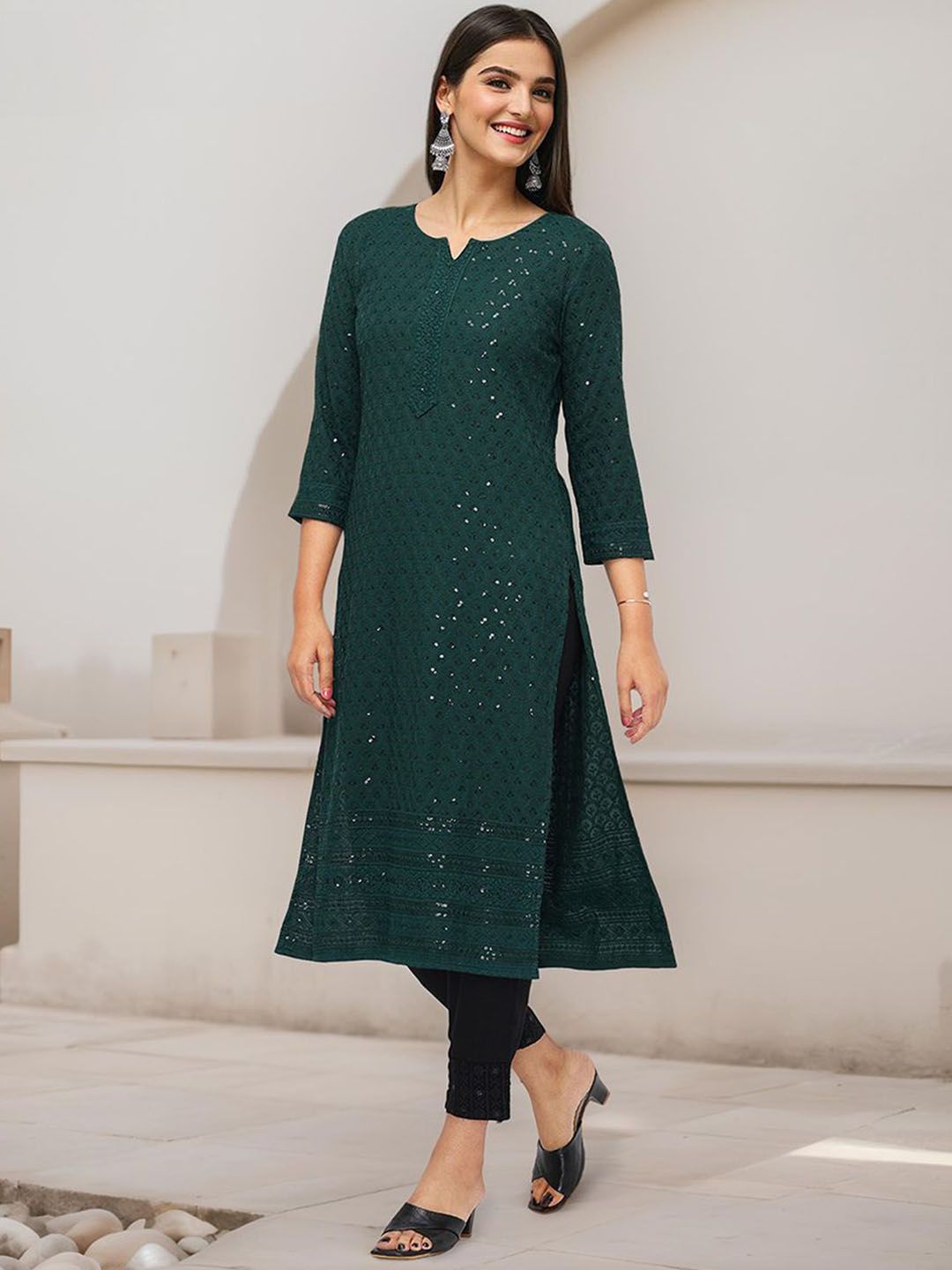 Rich Green Viscose Rayon Sequined Embroidered Kurta Set with Straight Bottom