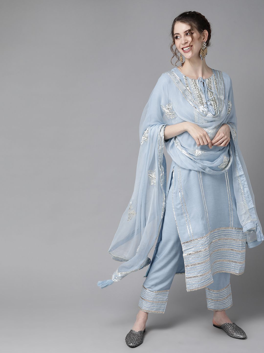 Comfy Rayon Blue Gotta Patti Striped Kurta Set with Straight Bottom and Tassel-Trimmed Dupatta