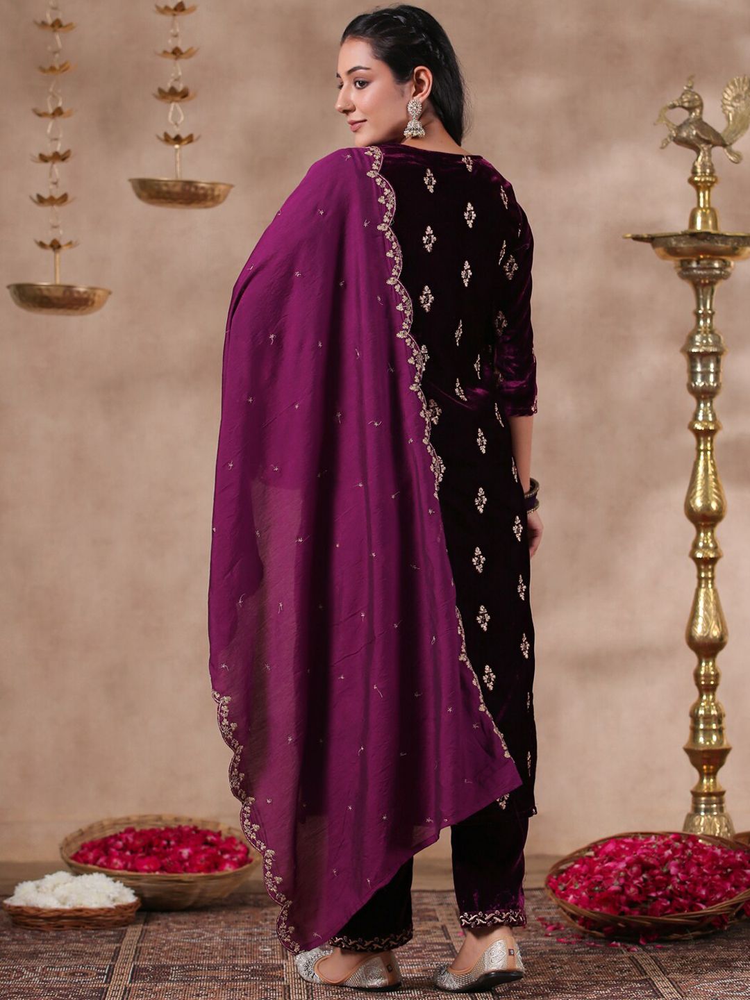 Purple Velvet Zari Embroidered Kurta with Straight Bottom and Sheer Scalloped Lace Dupatta